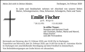 Traueranzeige von Emilie Fischer von Gmünder Tagespost