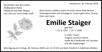 Traueranzeige von Emilie Steiger von Schwäbische Post
