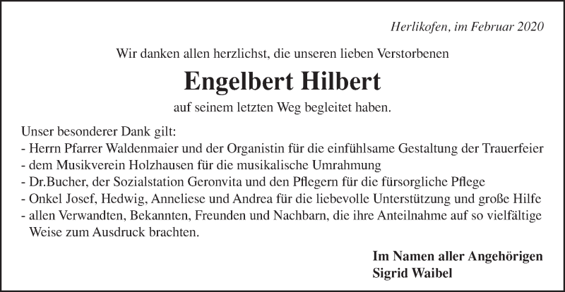  Traueranzeige für Engelbert Hilbert vom 26.02.2020 aus Gmünder Tagespost