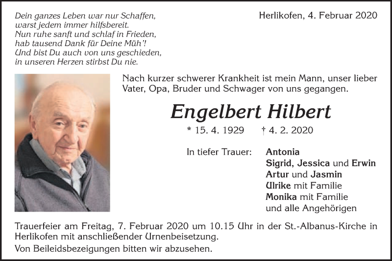  Traueranzeige für Engelbert Hilbert vom 06.02.2020 aus Gmünder Tagespost