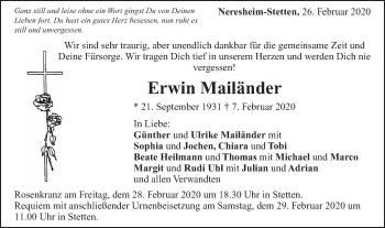 Traueranzeige von Erwin Mailänder von Schwäbische Post