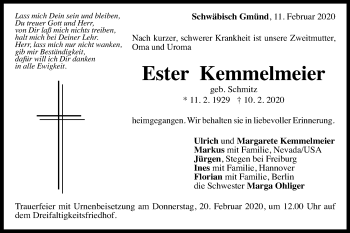 Traueranzeige von Ester Kemmelmeier von Gmünder Tagespost