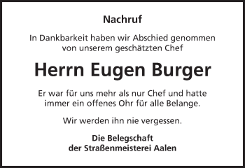 Traueranzeige von Eugen Burger von Schwäbische Post