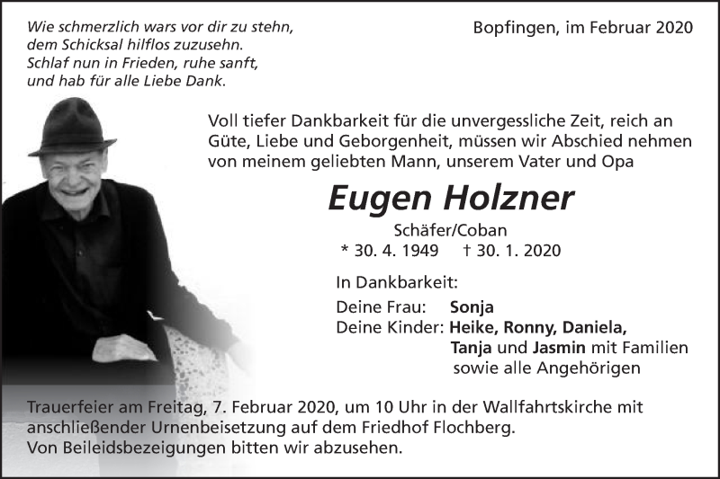  Traueranzeige für Eugen Holzner vom 03.02.2020 aus Schwäbische Post
