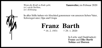 Traueranzeige von Franz Barth von Gmünder Tagespost