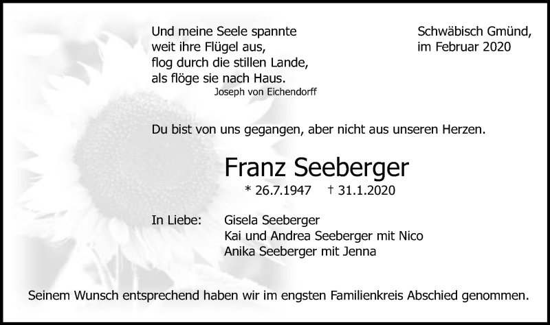  Traueranzeige für Franz Seeberger vom 07.02.2020 aus Gmünder Tagespost