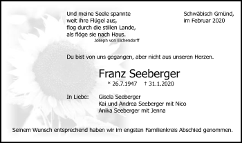 Traueranzeige von Franz Seeberger von Gmünder Tagespost