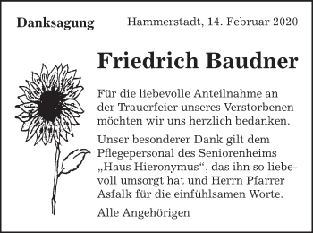 Traueranzeige von Friedrich Baudner von Schwäbische Post