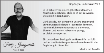 Traueranzeige von Fritz Jungwirth von Schwäbische Post