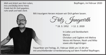 Traueranzeige von Fritz Jungwirth von Schwäbische Post