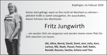 Traueranzeige von Fritz Jungwirth von Schwäbische Post