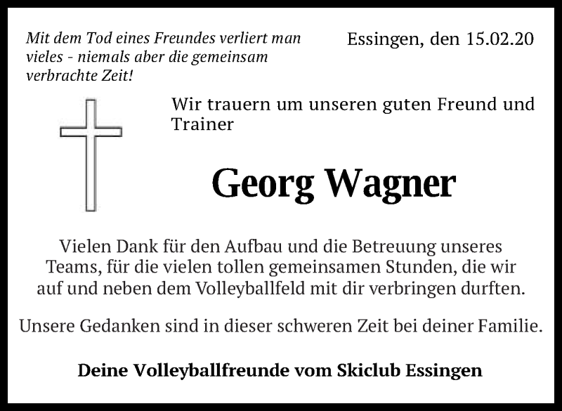  Traueranzeige für Georg Wagner vom 15.02.2020 aus Schwäbische Post