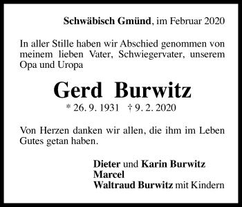 Traueranzeige von Gerd Burwitz von Gmünder Tagespost