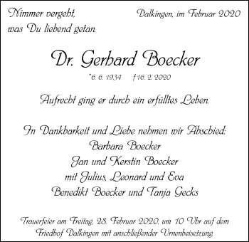 Traueranzeige von Gerhard Boecker von Schwäbische Post