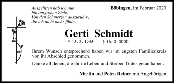 Traueranzeige von Gerti Schmidt von Gmünder Tagespost
