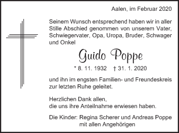 Traueranzeige von Guido Poppe von Schwäbische Post