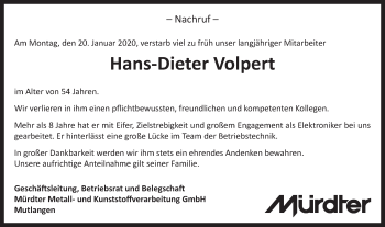 Traueranzeige von Hans-Dieter Volpert von Gmünder Tagespost