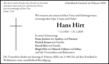 Traueranzeige von Hans Hirt von Gmünder Tagespost
