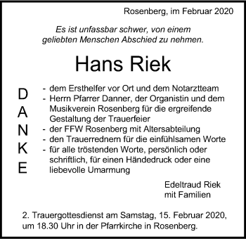 Traueranzeige von Hans Riek