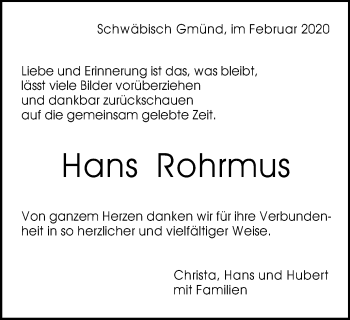 Traueranzeige von Hans Rohrmus von Gmünder Tagespost