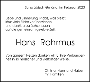 Traueranzeige von Hans Rohrmus