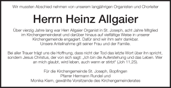 Traueranzeige von Heinz Allgaier von Bopfinger Stadtanzeiger