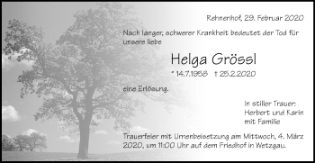 Traueranzeige von Helga Grössl von Gmünder Tagespost
