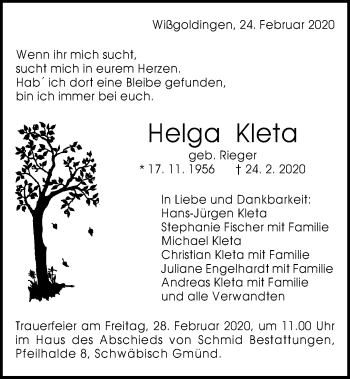 Traueranzeige von Helga Kleta von Gmünder Tagespost