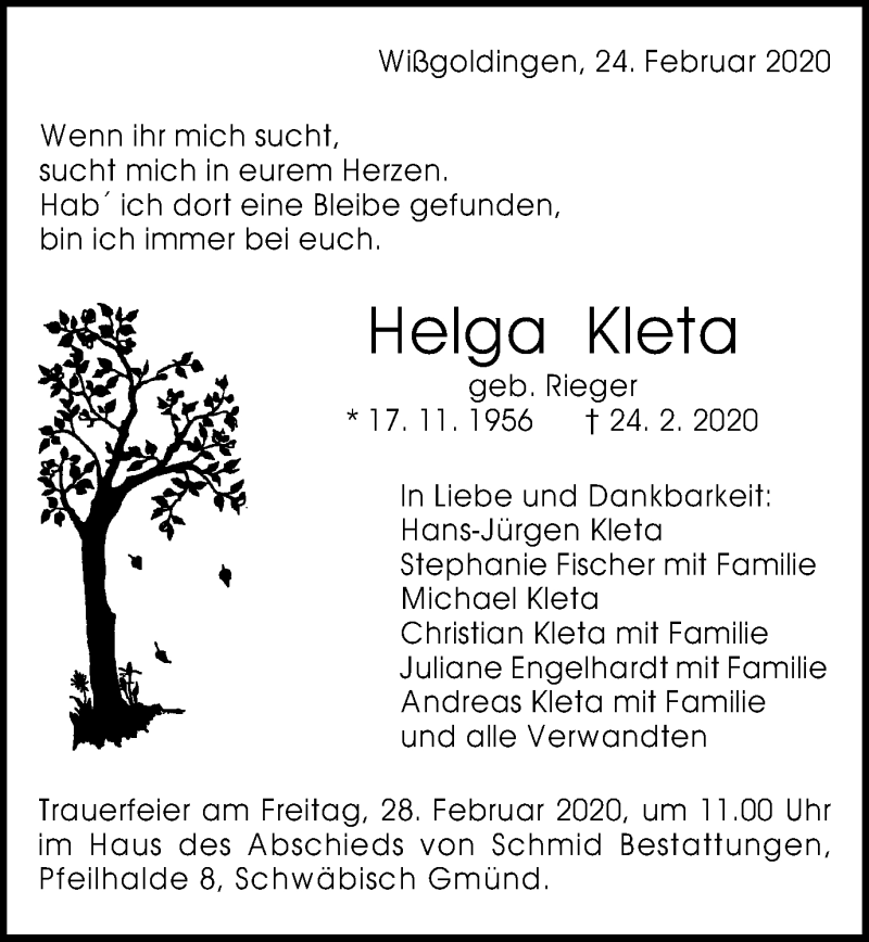  Traueranzeige für Helga Kleta vom 26.02.2020 aus Gmünder Tagespost