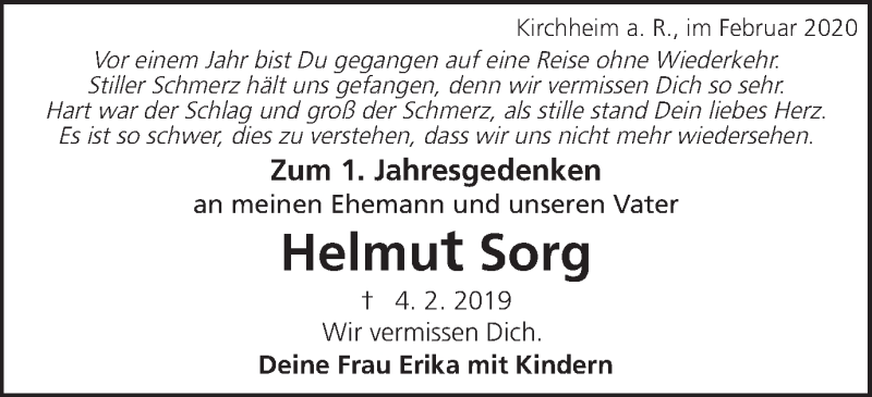  Traueranzeige für Helmut Sorg vom 04.02.2020 aus Schwäbische Post
