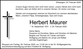 Traueranzeige von Herbert Maurer von Schwäbische Post