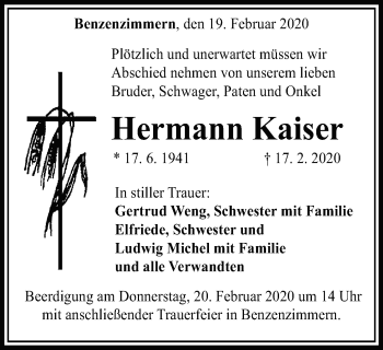 Traueranzeige von Hermann Kaiser von Schwäbische Post