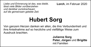 Traueranzeige von Hubert Sorg von Gmünder Tagespost