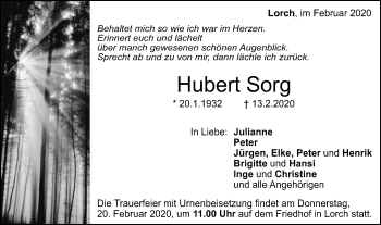 Traueranzeige von Hubert Sorg von Gmünder Tagespost