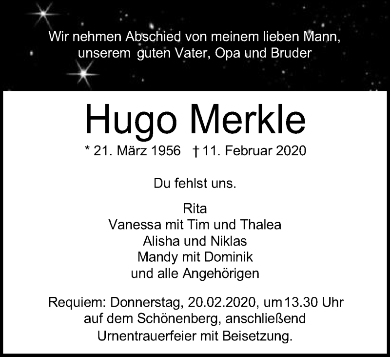  Traueranzeige für Hugo Merkle vom 15.02.2020 aus Schwäbische Post
