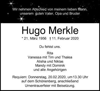 Traueranzeige von Hugo Merkle