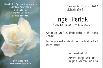 Traueranzeige von Inge Perlak von Gmünder Tagespost