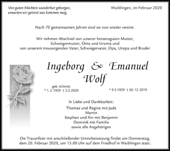 Traueranzeige von Ingeborg Wolf von Gmünder Tagespost