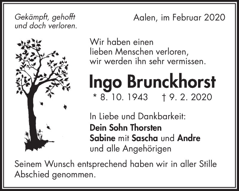  Traueranzeige für Ingo Bruckhorst vom 25.02.2020 aus Schwäbische Post