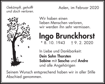 Traueranzeige von Ingo Bruckhorst von Schwäbische Post