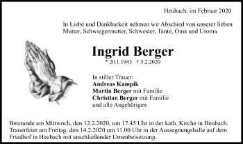 Traueranzeige von Ingrid Berger von Gmünder Tagespost
