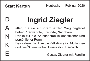 Traueranzeige von Ingrid Ziegler von Gmünder Tagespost