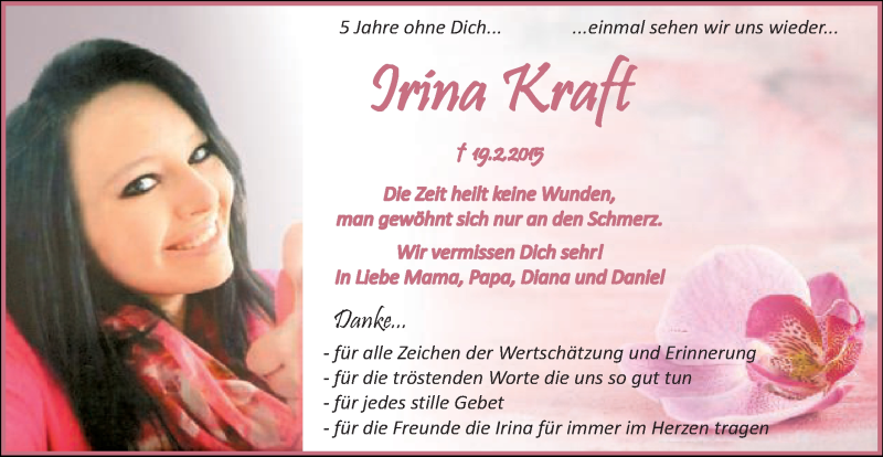  Traueranzeige für Irina Kraft vom 19.02.2020 aus Schwäbische Post