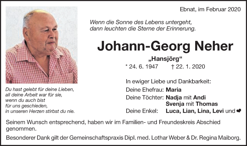  Traueranzeige für Johann-Georg Neher vom 05.02.2020 aus Schwäbische Post