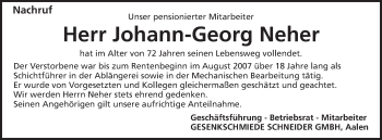 Traueranzeige von Johann-Georg Neher von Schwäbische Post