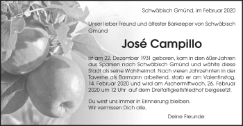 Traueranzeige von Jose Campillo von Gmünder Tagespost