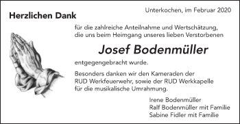 Traueranzeige von Josef Bodenmüller von Schwäbische Post