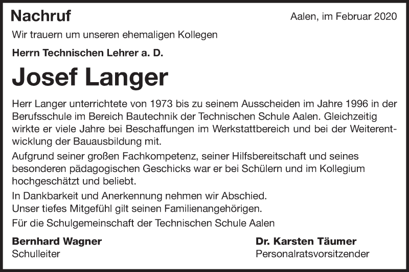  Traueranzeige für Josef Langer vom 01.02.2020 aus Schwäbische Post