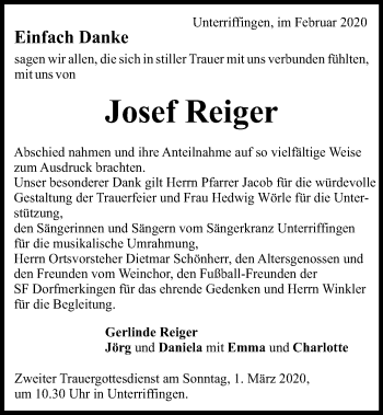 Traueranzeige von Josef Reiger von Schwäbische Post