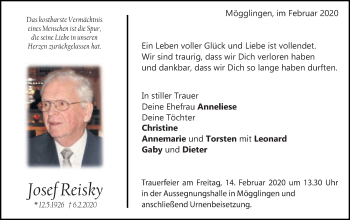 Traueranzeige von Josef Reisky von Gmünder Tagespost